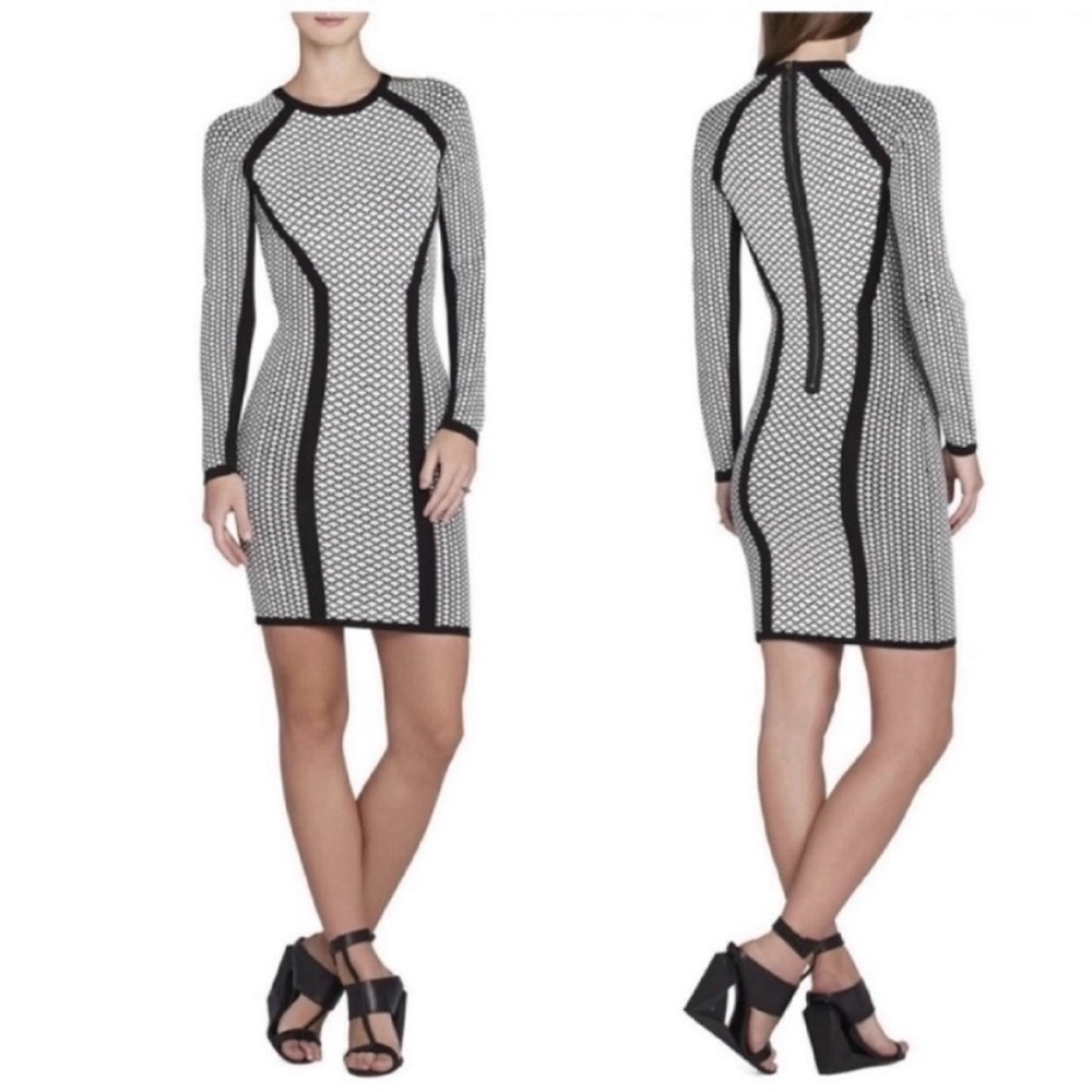 🔥 NWT! BCBGMaxAzria Black and White Elizabeth Bodycon Dress - Size L